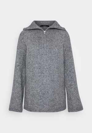 Gray knit pullover sweater with a high collar, half-zip front, and bell-shaped sleeves. Features ribbed cuffs and a textured finish.