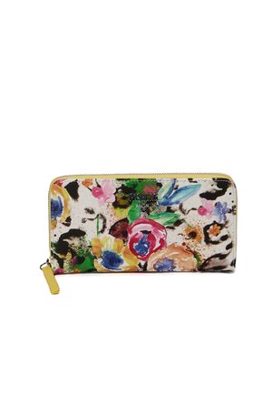Portafoglio rettangolare lungo con cerniera dorata, con motivi floreali colorati e stampa leopardata astratta su sfondo bianco.