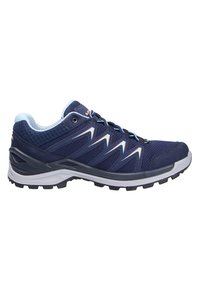 Navy running shoe with a mesh upper, contrasting light blue accents, textured sides, a cushioned sole, and rubber traction pattern.