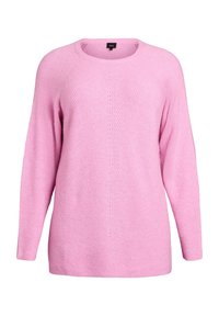Ružový pletený sveter s dlhými raglánovými rukávmi, okrúhlym výstrihom a textúrovaným vzorom. Mäkká látka s voľným strihom.