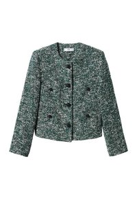 Veste en tweed texturée vert foncé et blanc avec encolure ronde, manches longues et six boutons noirs à l'avant.