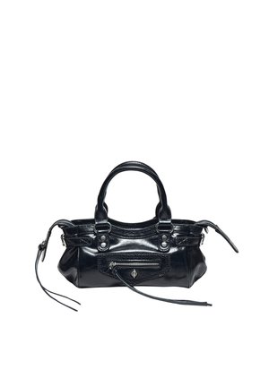 Petit sac à main en cuir noir avec doubles poignées, poche avant zippée et longues tirettes latérales, présenté sur fond blanc.