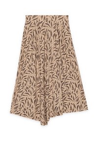 Falda beige fluida con un patrón de hojas en marrón oscuro, que presenta pliegues y una cinturilla ajustada. Hecha de una tela ligera.
