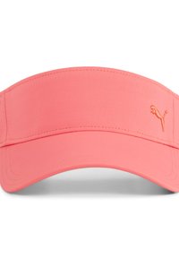 Pink visirhat lavet af glat stof; har en buet skygge og et broderet logo på forsiden. Simpelt design uden andre accenter.