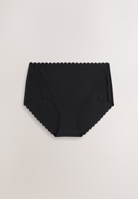 Sous-vêtement noir taille haute sans couture avec bords festonnés à la ceinture et aux ouvertures des jambes, posé à plat sur un fond clair.