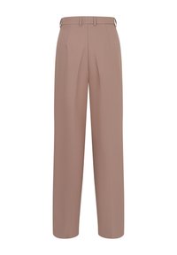Wide-leg trousers in light brown, made from smooth fabric. Features front pleats, a flat waistband with belt loops.