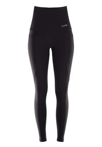 Svarta högmidjade leggings med en slät yta, som har två sidofickor och en liten vit logotyp på midjebandet. Skräddarsydd passform.
