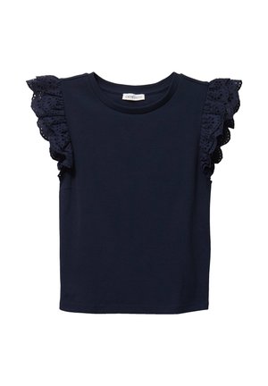 Marineblauw mouwloos topje met ronde halslijn en gegolfde eyelet kantdetails op de schouders.