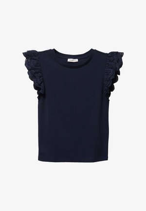 Top senza maniche blu navy con scollatura rotonda e dettagli in pizzo traforato arricciato sulle spalle.