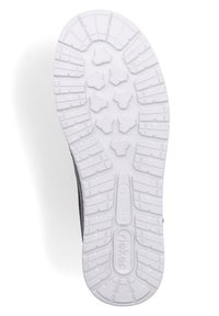 Suola di sneaker in tessuto grigio con suola in gomma bianca, caratterizzata da un motivo di tasselli testurizzati e dettagli di branding.