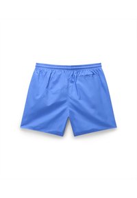 Costume de baie bleu realizat dintr-un material ușor și rezistent la apă, dotat cu un tiv elastic și un singur buzunar la spate.