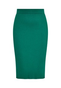 Geganeerde groene kokerrok met verticale ribbelstructuur, een getailleerde pasvorm en een hoge tailleband. Geen zichtbare hardware of patronen.