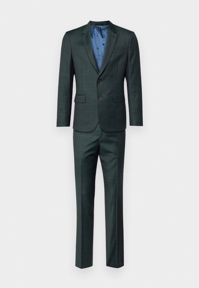 Herrenanzug aus dunkelgrünem Karostoff. Verfügt über ein Zwei-Knopf-Jacket mit einem blauen gemusterten Innenfutter und passenden Hosen. Glatte Textur.