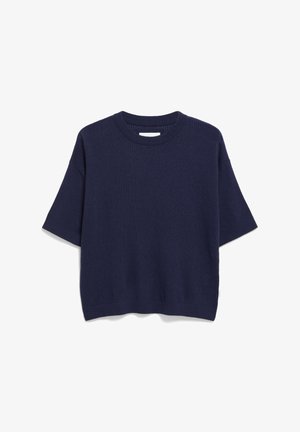 Marineblauwe gebreide trui met korte mouwen, geribde textuur, ronde hals en rechte zoom. Eenvoudig ontwerp, geen zichtbare hardware of accenten.