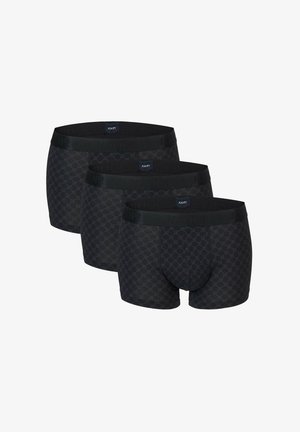 Sæt af sorte boxer briefs med en geometrisk mønster, elastisk talje med brandlogo og en tætsiddende design. Blød stofstruktur.