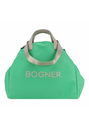 Groene nylon tas met een zachte textuur, voorzien van beige schouderbanden en het 'BOGNER'-logo in zilver aan de voorkant. Ronde vorm met brede opening.