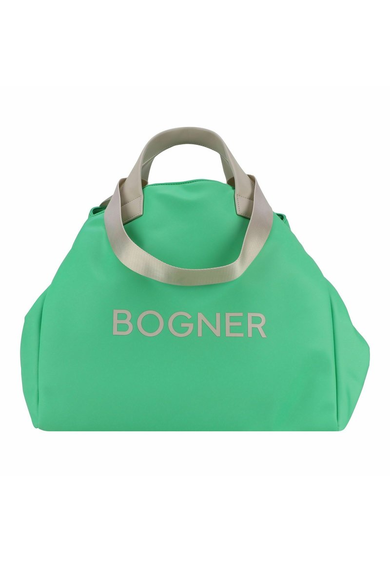 Borsa in nylon verde con una texture morbida, dotata di spallacci beige e logo 'BOGNER' in argento sul davanti. Forma rotonda con ampia apertura.