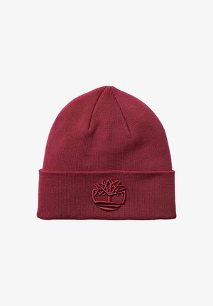Berretto lavorato a maglia bordeaux con risvolto, caratterizzato da un logo di un albero ricamato al centro frontale.