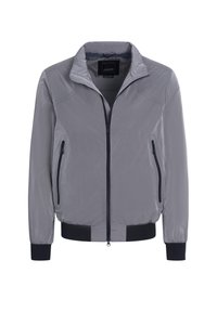 Gray lightweight jacket with a zip front, two side pockets, ribbed cuffs and hem, featuring textured accents on the shoulders.