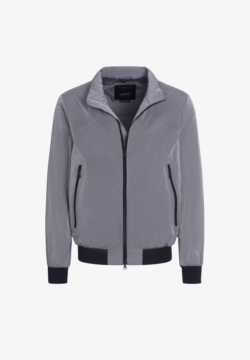 Gray lightweight jacket with a zip front, two side pockets, ribbed cuffs and hem, featuring textured accents on the shoulders.