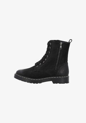 Botte noire mi-mollet à lacets avec fermeture éclair latérale, semelle robuste, languette au talon et couture blanche le long du bord de la semelle.