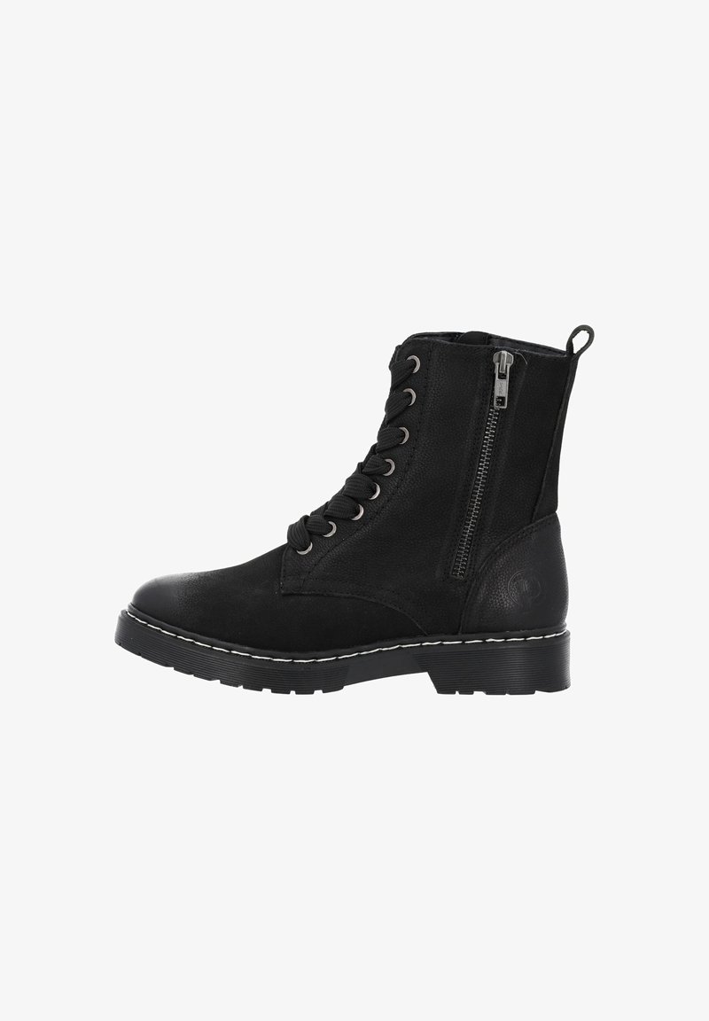 Botte noire mi-mollet à lacets avec fermeture éclair latérale, semelle robuste, languette au talon et couture blanche le long du bord de la semelle.
