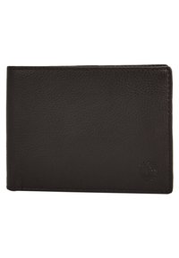 Cartera de cuero negro con una superficie texturizada, diseño plegable en dos partes y un logotipo en relieve en la esquina inferior derecha.
