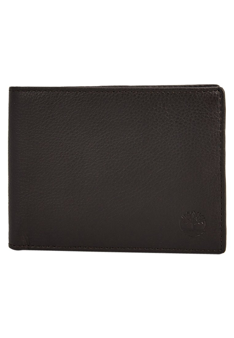 Cartera de cuero negro con una superficie texturizada, diseño plegable en dos partes y un logotipo en relieve en la esquina inferior derecha.