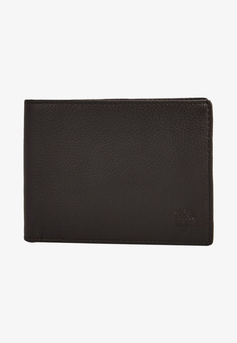 Schwarzes Lederportemonnaie mit strukturierter Oberfläche, zweifach gefaltetem Design und geprägtem Logo in der unteren rechten Ecke.