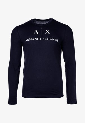 Mornarsko dolgo rokav t-shirt iz bombaža. Ima okroglo ovratnico in sprednji logotip z napisom "A|X ARMANI EXCHANGE" v belih črkah. Gladka tekstura.