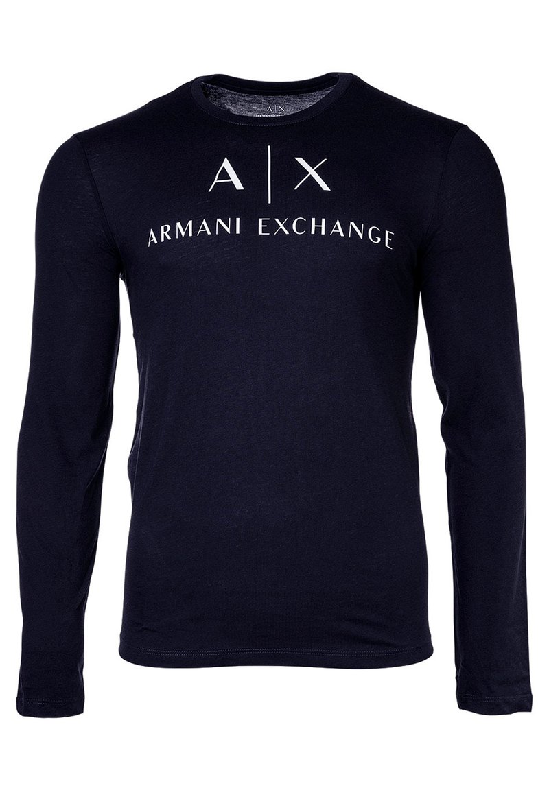 Navy long-sleeve t-shirt made of cotton. Features a round neckline and front logo with "A|X ARMANI EXCHANGE" in white letters. Smooth texture.