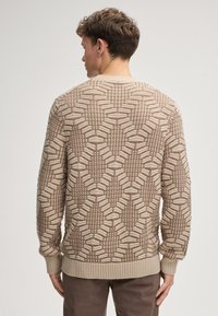 Beige gemusterter Strickpullover mit einem strukturierten geometrischen Design, gerippten Bündchen und Saum, von hinten betrachtet.