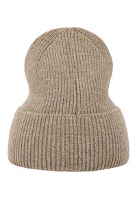 Beige strikket hue lavet af blødt uld, med ribbet tekstur og rund top. Søm ved kronen, tætsiddende pasform omkring panden.
