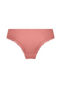 Rosa gerippte Panties mit Spitzenbesatz entlang der Kanten, die eine glatte Textur und ein klassisches Design bieten, geeignet für den täglichen Gebrauch.