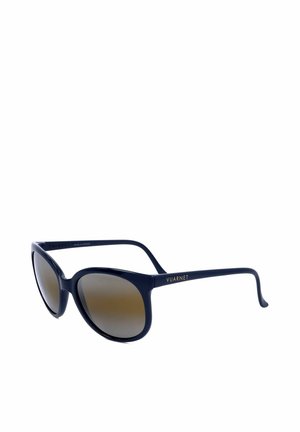 Occhiali da sole neri con montatura completa e lenti quadrate arrotondate color marrone con logo "Vuarnet" sull'asta.