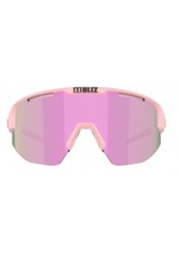 Rosa Sportsonnenbrille mit großem Schildglas, das einen verlaufenden lila Farbton hat. Leichtes Kunststoffgestell und Logo an der Oberseite.