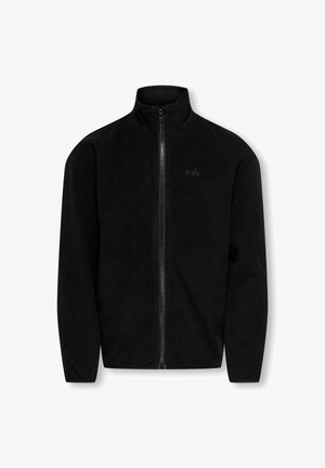 Veste en polaire noire avec un col montant et une fermeture éclair sur toute la longueur, présentant une texture lisse et un branding discret sur la poitrine.