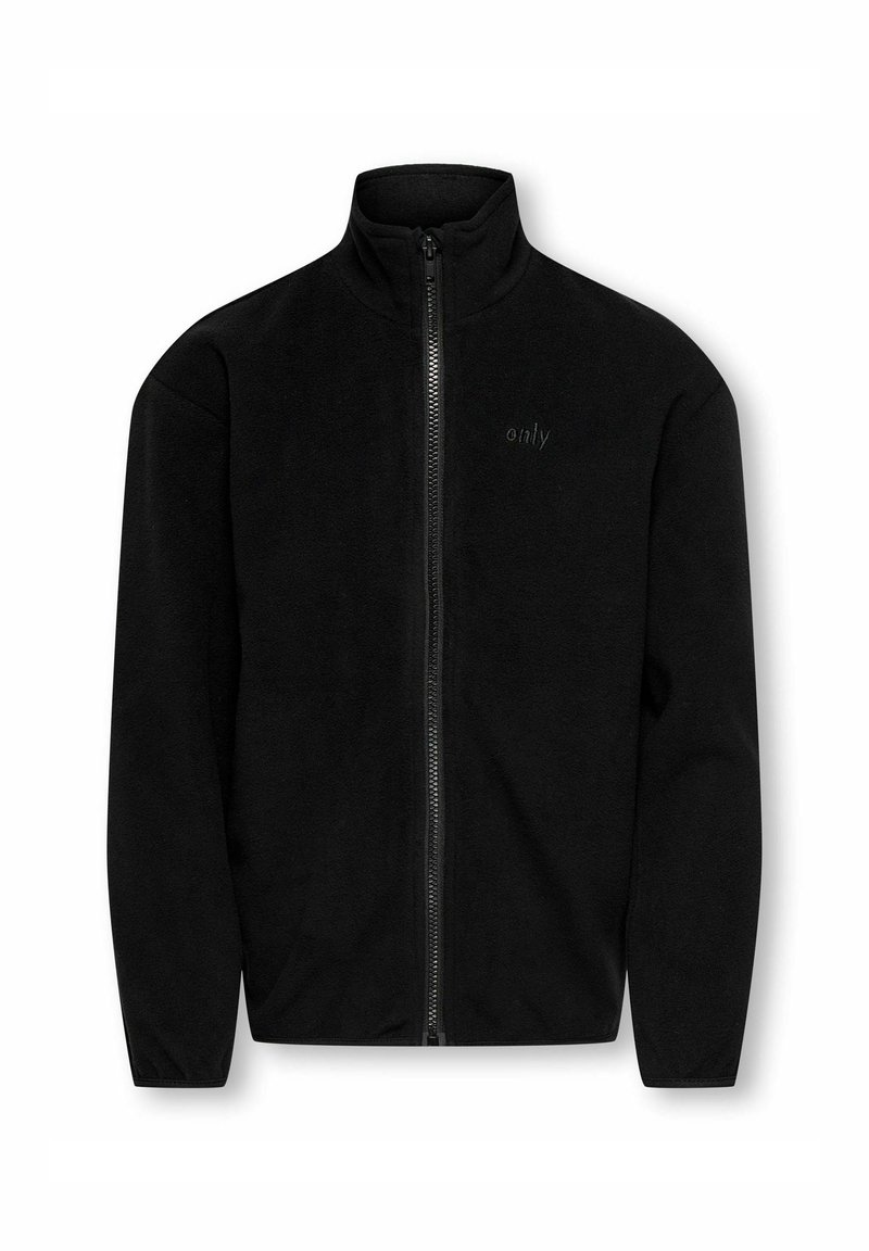 Veste en polaire noire avec un col montant et une fermeture éclair sur toute la longueur, présentant une texture lisse et un branding discret sur la poitrine.