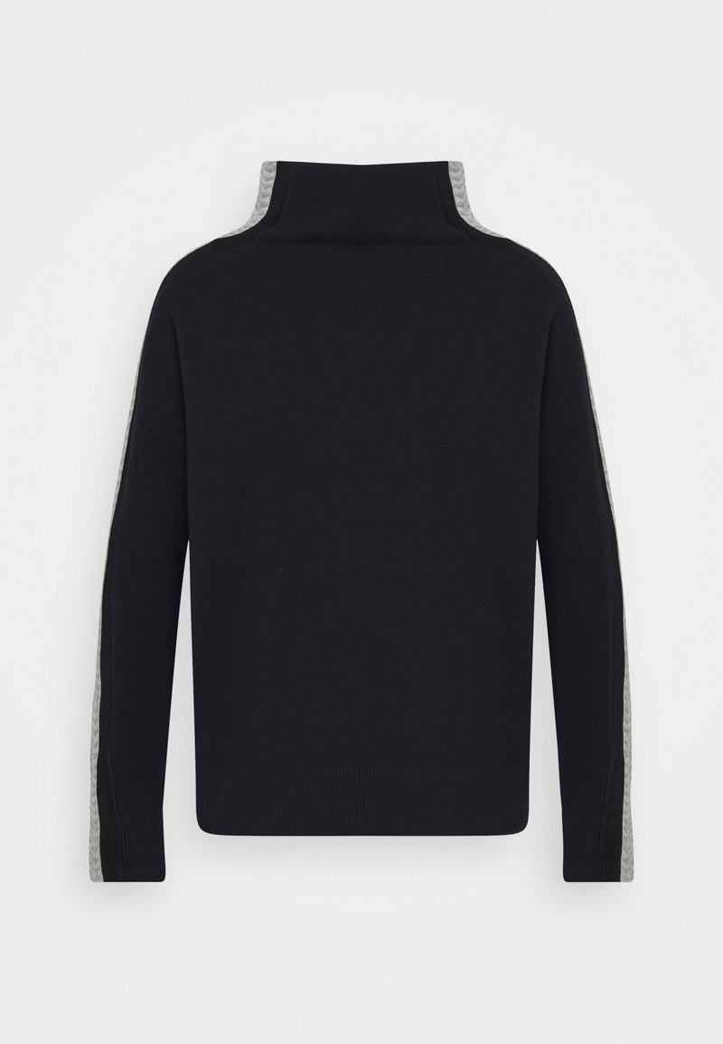 Pull noir à manches longues avec des rayures gris foncé le long des manches et un col montant, présenté à plat de dos sur fond blanc.