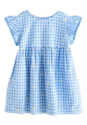 Sinine ja valge ruuduline kleit lehvivate varrukatega, hajutatud väikeste valgete ja kollaste karikakra tikanditega ning kogutud vöökohaga.