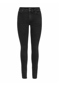 Svarte skinny jeans i denim med høy midje, med en glatt tekstur, fem lommer og metallknapp-lukking.