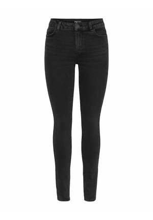 Jeans skinny neri in denim con vita alta, caratterizzati da una texture liscia, cinque tasche e chiusura con bottone in metallo.
