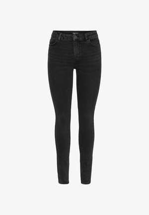 Zwarte denim skinny jeans met een hoge taille, voorzien van een gladde textuur, vijf zakken en een metalen knoopsluiting.