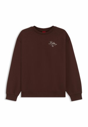 Bruine katoen sweatshirt met lange mouwen, ronde hals en geribbelde manchetten; bevat een wit tekstlogo op de linkerborst.