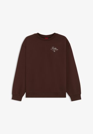 Brown cotton sweatshirt with long sleeves, crew neck, and ribbed cuffs; features white text logo on the left chest area.