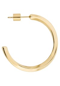 Gouden creool met een glad, rond ontwerp, voorzien van een cilindrische paal en een ronde sluiting. Gepolijste metalen afwerking zonder versieringen.