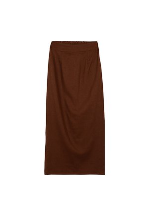 Gonna midi marrone a vita alta con fascia elastica in vita e taglio dritto, realizzata in tessuto morbido.