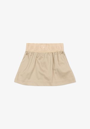 Beige uitlopende rok met elastische tailleband en subtiele "Trussardi" branding, gemaakt van zachte, lichte stof.