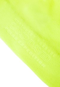 Bright neon yellow fleece fabric with embossed text "CAMP DAVID" and "FOR EXCELLENCE," showcasing a soft texture and smooth surface.