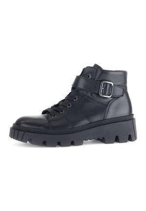 Black leather ankle boots with a chunky sole, lace-up design, and metal buckle accent. Features a textured finish and sturdy construction.